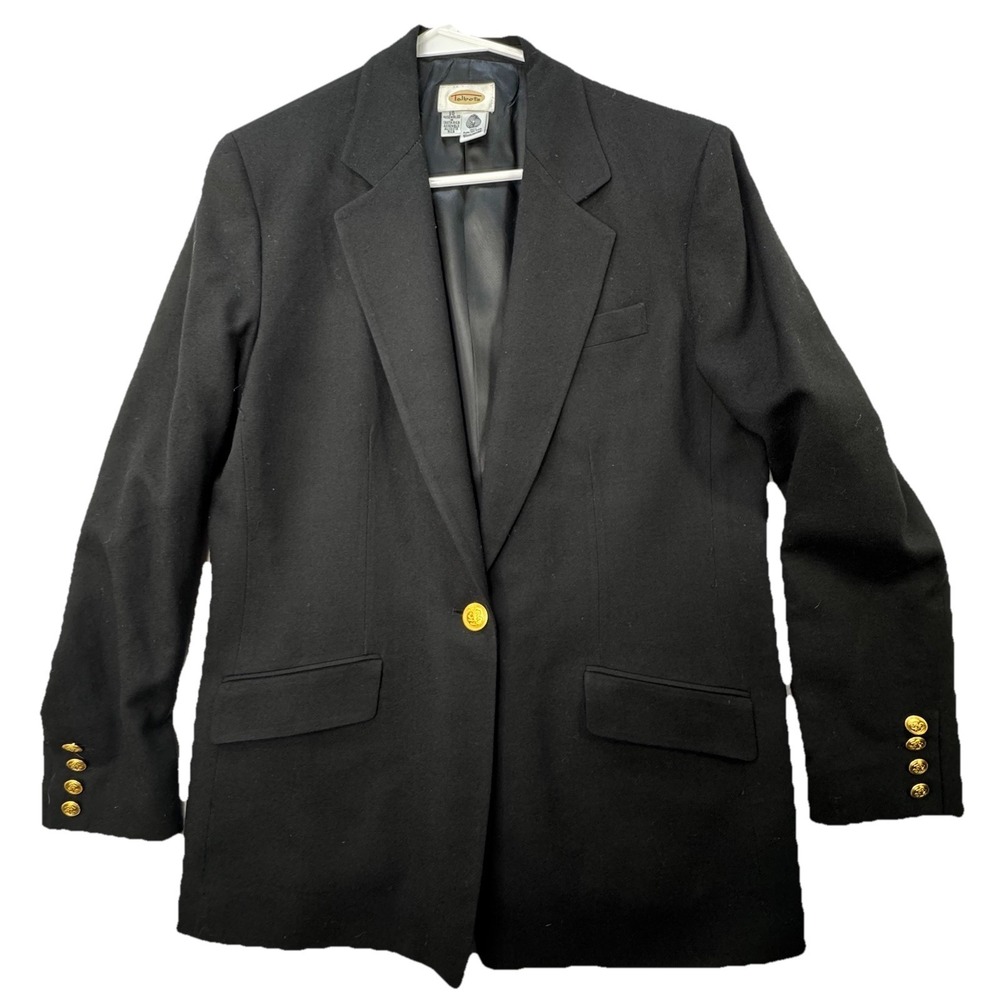 Talbots Size 10 Black Blazer Single Gold Button 100% Wool Career Office Jacket